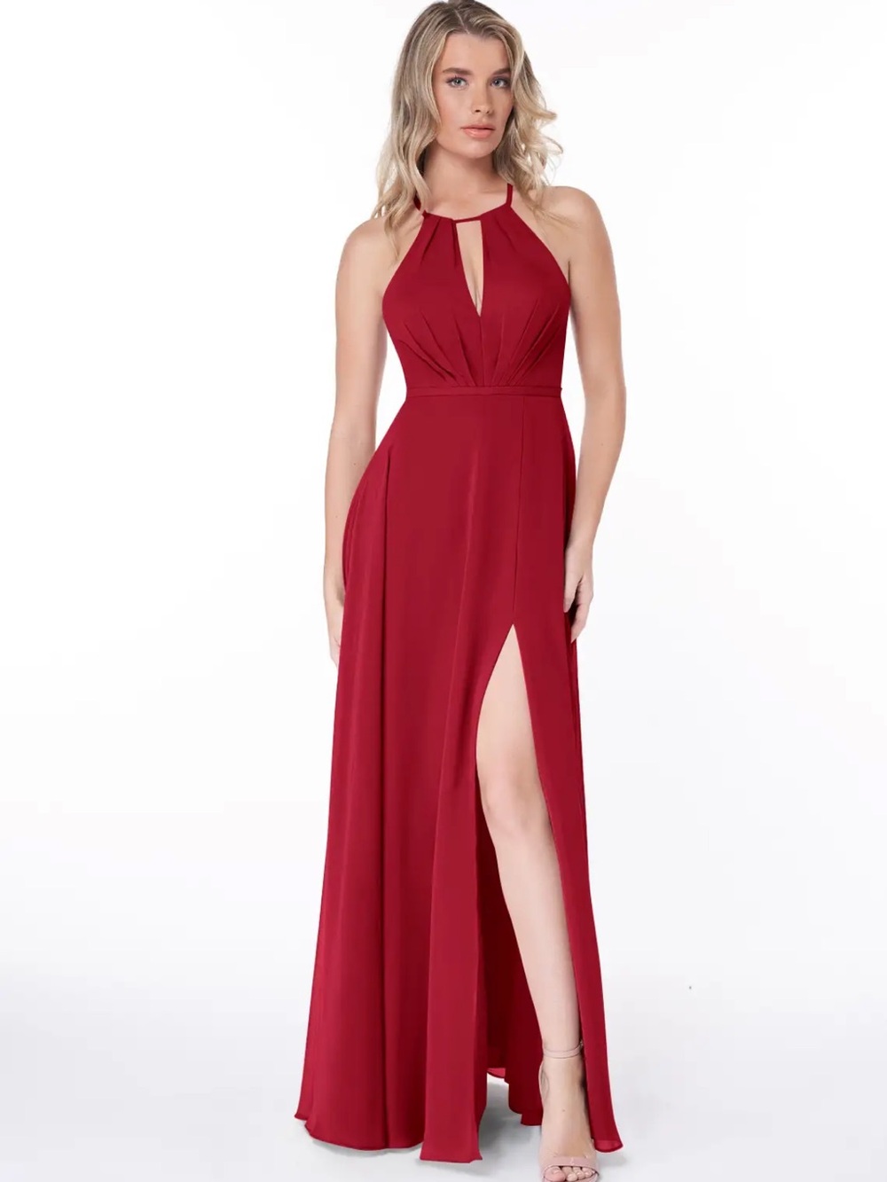 Azazie Evalleen Chiffon Halter Bridesmaid Dress Size A6 Scarlet Red